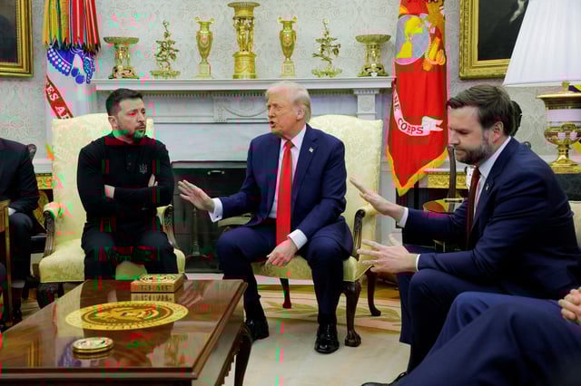 U.S. President Donald Trump meets with Ukrainian President Volodymyr Zelenskiy as U.S. Vice President JD Vance reacts at the White House in Washington, D.C., U.S., February 28, 2025. REUTERS/Brian Snyder  TPX IMAGES OF THE DAY