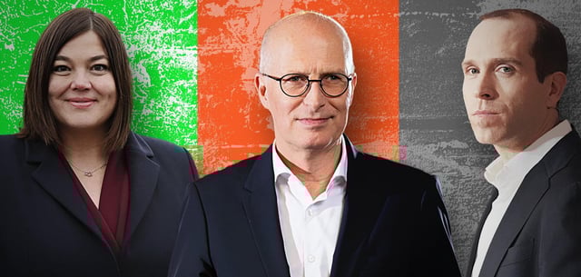 Grünen-Spitzenkandidatin Katharina Fegebank, Erster Bürgermeister Peter Tschentscher (SPD, M.), CDU-Spitzenkandidat Dennis Thering