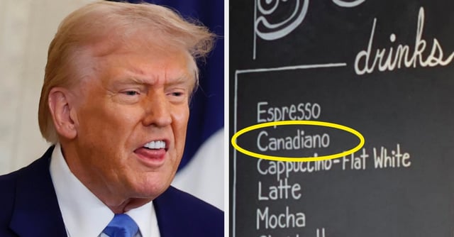 A surprised person on the left covers their mouth. On the right, a cafe menu offers drinks like espresso, Canadiano, and lattes with prices listed