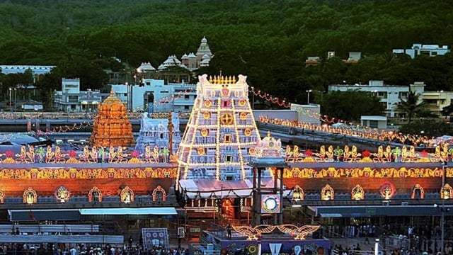 A view of Venkateswara Temple on Tirumala hills in Tirupati. TTD is the administrative body for the hill shrine of Lord Venkateswara in Tirumala.