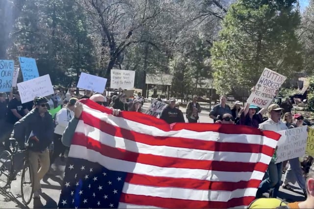 Protesters at Yosemite National Park decry the Trump administration’s firings of federal workers during a nationwide day of action Saturday.