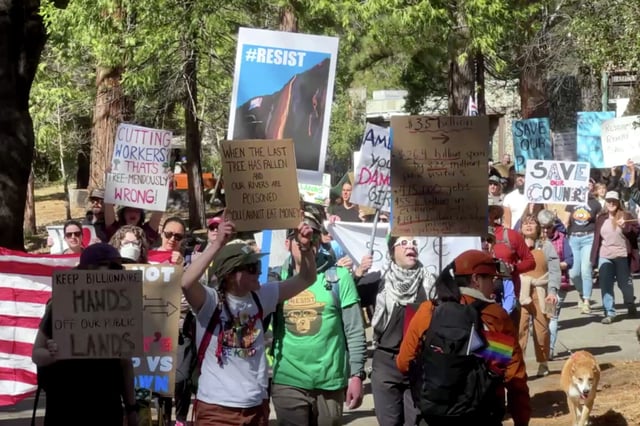 Protesters at Yosemite National Park decry the Trump administration’s firings of federal workers during a nationwide day of action Saturday.