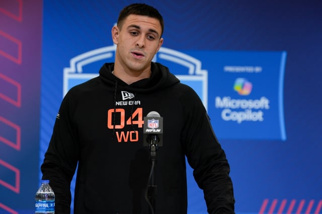 TCU wide receiver Jack Bech speaks during a news conference at the NFL scouting combine on Feb. 28, 2025, in Indianapolis. (George Walker IV/AP)