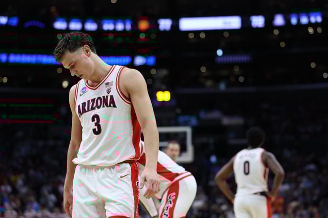 Pelle Larsson #3 of the Arizona Wildcats reacts after losing to the Clemson Tigers during the second half in the Sweet 16 round of the NCAA Men&#39;s Basketball Tournament at Crypto.com Arena on March 28, 2024 in Los Angeles, California. The Clemson Tigers won, 77-72.