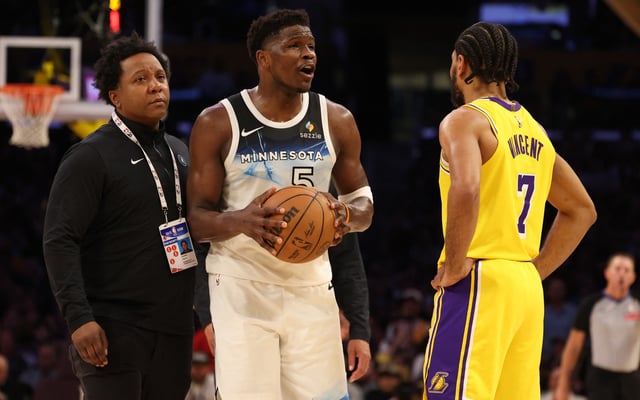 Feb 27, 2025; Los Angeles, California, USA; Minnesota Timberwolves guard Anthony Edwards (5) reacts after being ejected during the third quarter against the Los Angeles Lakers at Crypto.com Arena. Jason Parkhurst-Imagn Images/File Photo