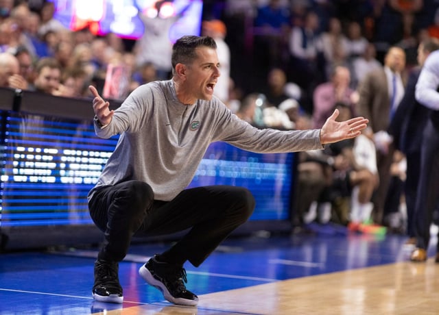 Florida head coach Todd Golden reacts during the first half of an NCAA college basketball game against the Texas A&amp;M, Saturday, March 1, 2025, in Gainesville, Fla. (AP Photo/Alan Youngblood)