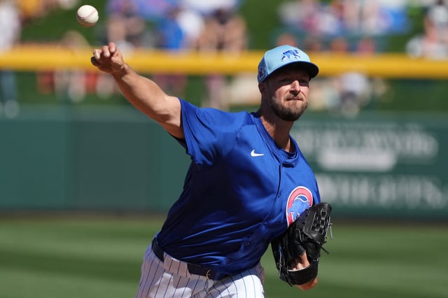 Mar 1, 2025; Mesa, Arizona, USA; Chicago Cubs pitcher Colin Rea (53) throws against the Cleveland Guardians in the first inning at Sloan Park. Mandatory Credit: Rick Scuteri-Imagn Images
