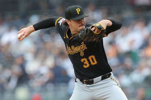 Sep 28, 2024; Bronx, New York, USA; Pittsburgh Pirates starting pitcher Paul Skenes (30) pitches against the New York Yankees during the first inning at Yankee Stadium. Mandatory Credit: Brad Penner-Imagn Images/File Photo