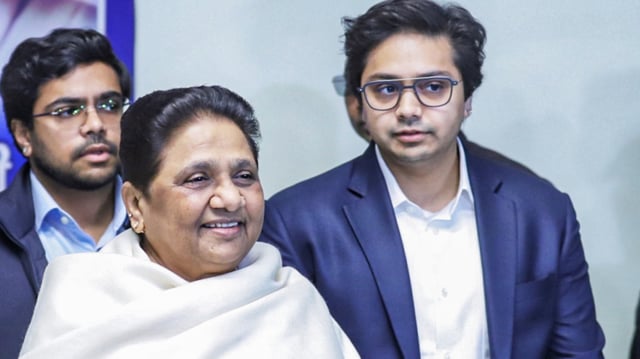 FILE: Bahujan Samaj Party (BSP) supremo Mayawati during a party meeting, in Lucknow in January with Akash Anand.
