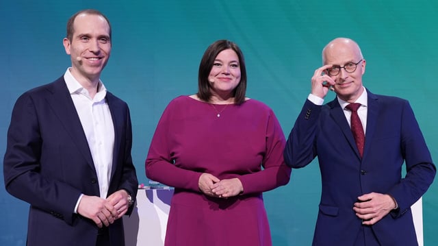 Dennis Thering (CDU, li.), Katharina Fegebank (Grüne), Peter Tschentscher (SPD, re.) treten als Spitzenkandidaten für die Hamburg-Wahl an.