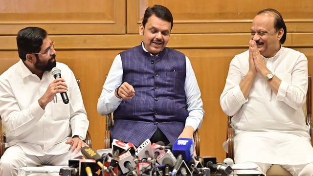 CM Devendra Fadnavis along with deputy CM Eknath Shinde and deputy CM Ajit Pawar during a press conference. (Photo by Anshuman Poyrekar/ Hindustan Times)