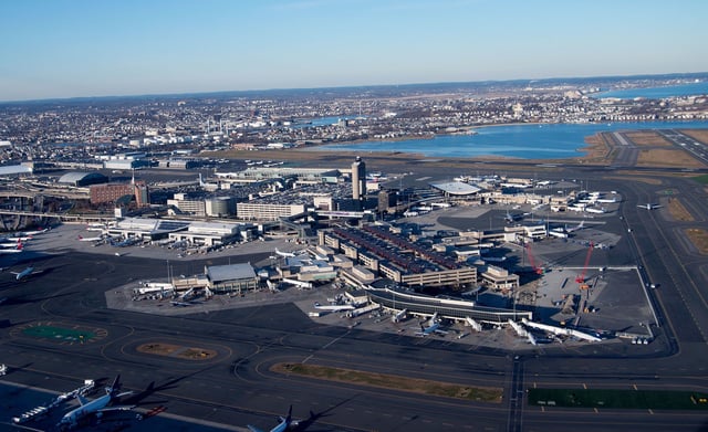 An aerial view of Boston Logan International Airport in Boston, Massachusetts, is shown.