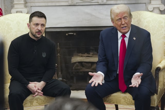 President Donald Trump, right, meets with Ukrainian President Volodymyr Zelenskyy in the Oval Office at the White House, Friday, February 28, 2025, in Washington.