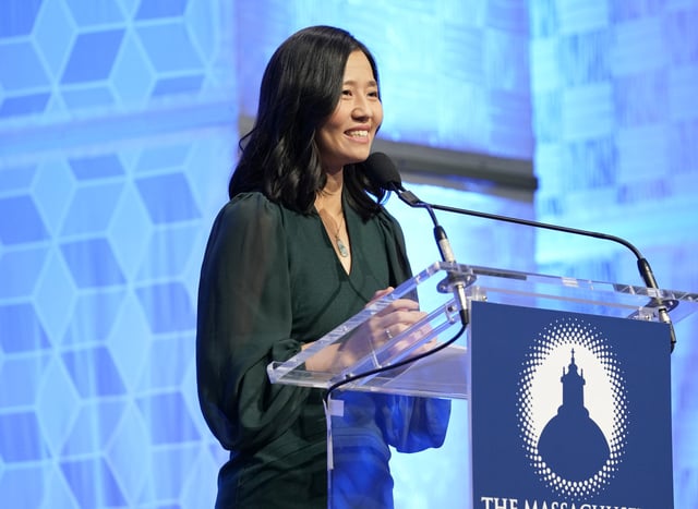 Michelle Wu, Mayor of Boston speaks on stage during 2023 Massachusetts Conference For Women at Boston Convention and Exhibition Center on December 14, 2023 in Boston, Massachusetts.