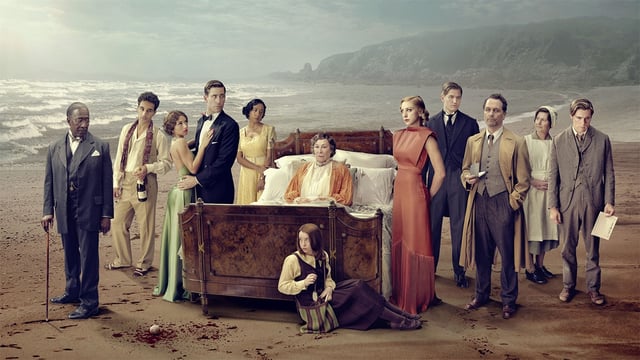 The cast of BBC One's Towards Zero assembled on an English beach