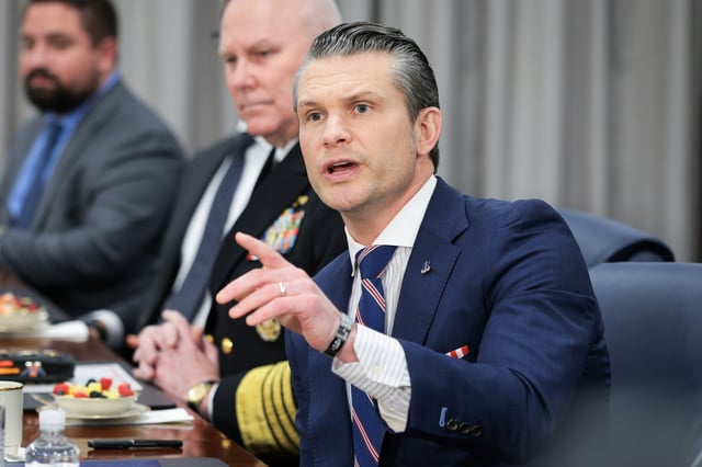 U.S. Secretary of Defense Pete Hegseth speaks during a meeting with Saudi Minister of Defense Khalid bin Salman at the Pentagon on February 24, 2025 in Arlington, Virginia.