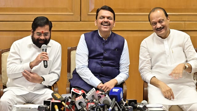 Maharashtra CM Devendra Fadnavis, along with deputies Eknath Shinde and Dy CM AJit Pawar during press conference after tea session before budget assembly session at Sahyadri Guest House in Mumbai, India, on Sunday, 