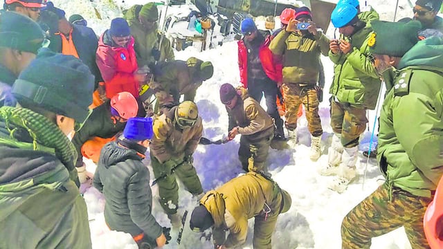 Rescue operation underway after an avalanche hit the Border Roads Organisation (BRO) camp between Mana and Badrinath on Friday, in Chamoli district, Uttarakhand. (@chamolipolice)