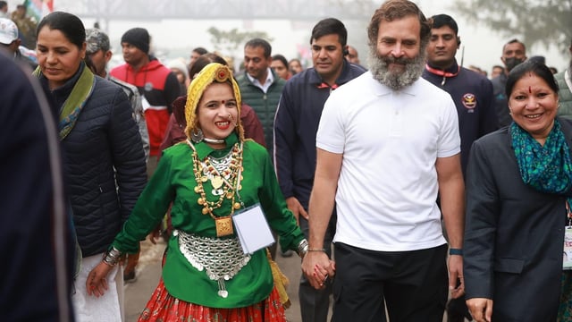 Congress worker Himani Narwal seen with Lok Sabha Leader of Opposition Rahul Gandhi during 'Bharat Jodo Yatra'.