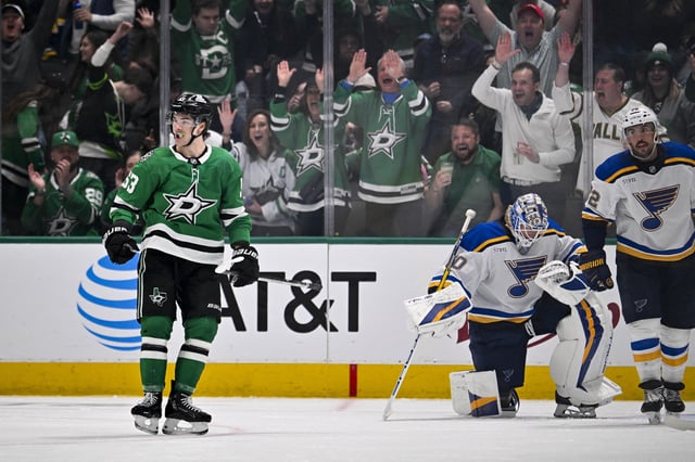 Mar 2, 2025; Dallas, Texas, USA; Dallas Stars center Wyatt Johnston (53) celebrates after he scores his second goal of the game against St. Louis Blues goaltender Jordan Binnington (50) during the third period at the American Airlines Center. Mandatory Credit: Jerome Miron-Imagn Images