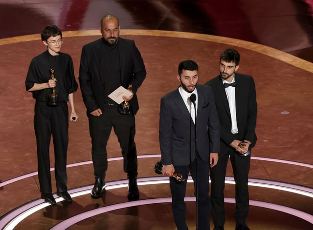 Rachel Szor, Hamdan Ballal, Basel Adra and Yuval Abraham accept the Documentary Feature Film award for "No Other Land" onstage during the 97th Annual Oscars at Dolby Theatre on March 02, 2025 in Hollywood, California.
