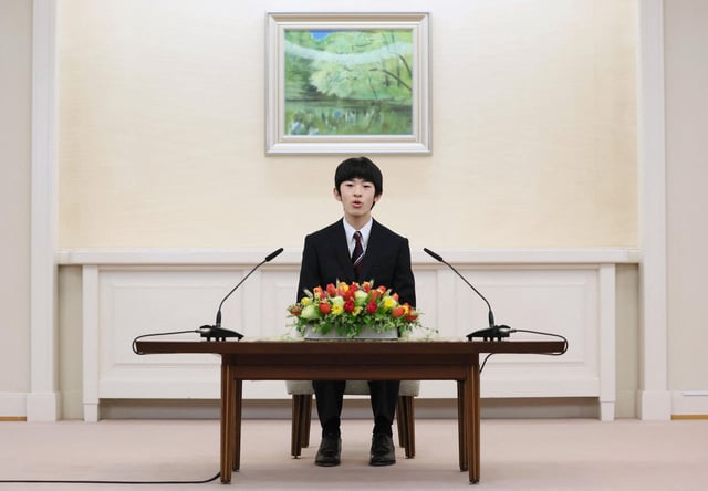 Japan's Prince Hisahito, the son of Crown Prince Akishino and Crown Princess Kiko, attends his first press conference after he turned 18 at their Akasaka Estate in Tokyo, Japan, March 3, 2025, in this photo released by Kyodo. Mandatory credit Kyodo/via REUTERS
