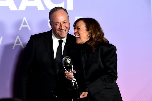 (L-R) Douglas Emhoff and Kamala Harris attend the 56th NAACP Image Awards at Pasadena Civic Auditorium on February 22, 2025 in Pasadena, California.