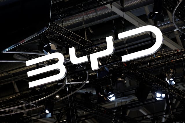 A logo of BYD is seen on media day at the 2024 Paris Auto Show in Paris, France, October 14, 2024. REUTERS/Benoit Tessier/File Photo