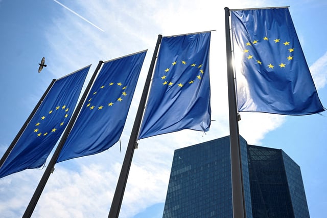 EU flags flutter in front of European Central Bank (ECB) headquarters in Frankfurt, Germany July 18, 2024. REUTERS/Jana Rodenbusch/File Photo