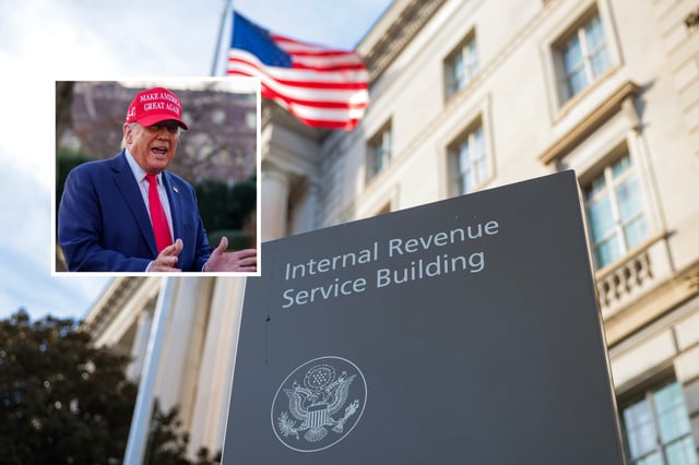 U.S. President Donald Trump (inset) speaks to members of the media before boarding Marine One on the South Lawn of the White House on February 28, 2025 in Washington, DC. Main: A sign for the Internal Revenue Service (IRS) is seen outside its building on February 13, 2025 in Washington, DC.