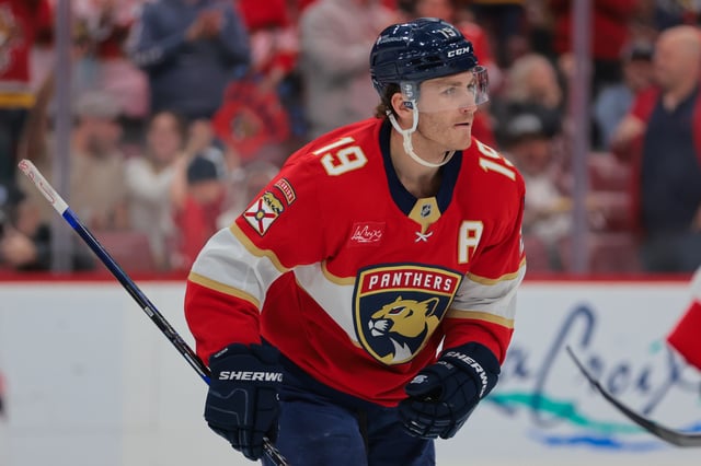 Feb 8, 2025; Sunrise, Florida, USA; Florida Panthers left wing Matthew Tkachuk (19) looks on after scoring against the Ottawa Senators during the second period at Amerant Bank Arena. Mandatory Credit: Sam Navarro-Imagn Images/File Photo