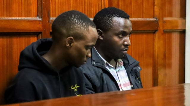 Alex Mutua Kithuka, left, and Albunus Mutinda Nzioki appeared at Milimani law court in Nairobi on Monday