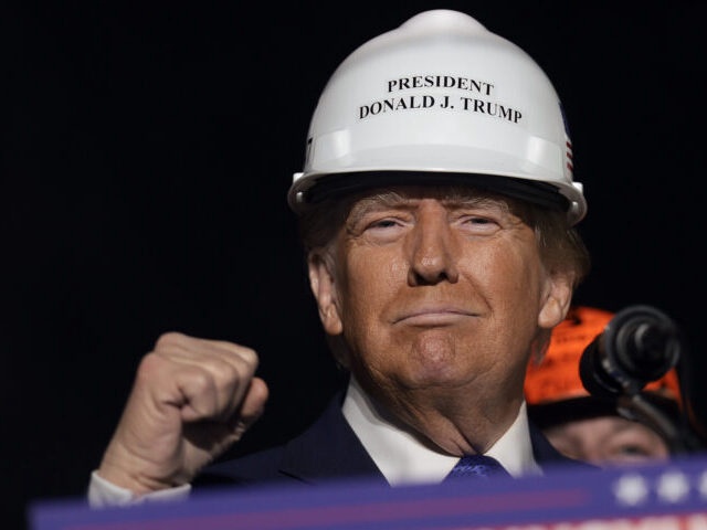 LATROBE, PENNSYLVANIA - OCTOBER 19: Republican presidential nominee, former U.S. President Donald Trump, wears a hard hat given to him by steelworkers during a campaign rally on October 19, 2024, in Latrobe, Pennsylvania. There are 17 days remaining until the U.S. presidential election, which will take place on Tuesday, November 5, 2024. (Photo by Win McNamee/Getty Images)