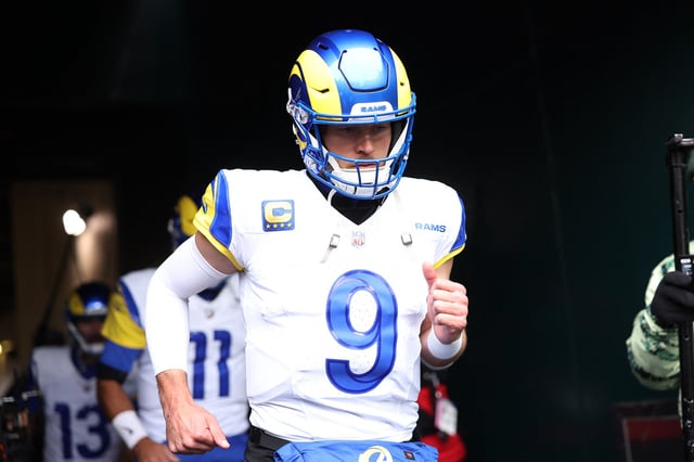 Jan 19, 2025; Philadelphia, Pennsylvania, USA; Los Angeles Rams quarterback Matthew Stafford (9) runs onto the field prior to the game against the Philadelphia Eagles in a 2025 NFC divisional round game at Lincoln Financial Field. Mandatory Credit: Bill Streicher-Imagn Images/File Photo