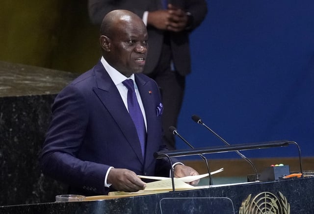 FILE - Transitional President of Gabon Brice Clotaire Oligui Nguema addresses the Summit of the Future in the United Nations General Assembly, Sept. 23, 2024. (AP Photo/Richard Drew, File)