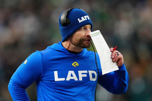 Rams head coach Sean McVay calls a play during an NFL football NFC divisional playoff game against the Philadelphia Eagles on Sunday, Jan. 19, 2025, in Philadelphia. (AP Photo/Derik Hamilton)