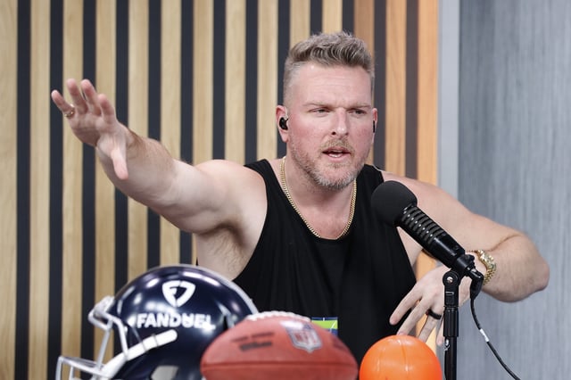 Former NFL player and host Pat McAfee speaks on radio row ahead of Super Bowl LVII at the Phoenix Convention Center on February 9, 2023 in Phoenix, Arizona.