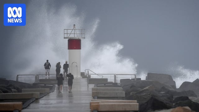 Waves crashing into a wall of rocks with a path down the middle, which people are walking on. 