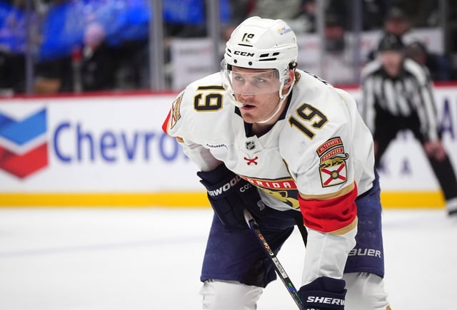 Florida Panthers left wing Matthew Tkachuk waits for a face off in the second period of an NHL hockey game against the Colorado Avalanche, Monday, Jan. 6, 2025, in Denver. (AP Photo/David Zalubowski)