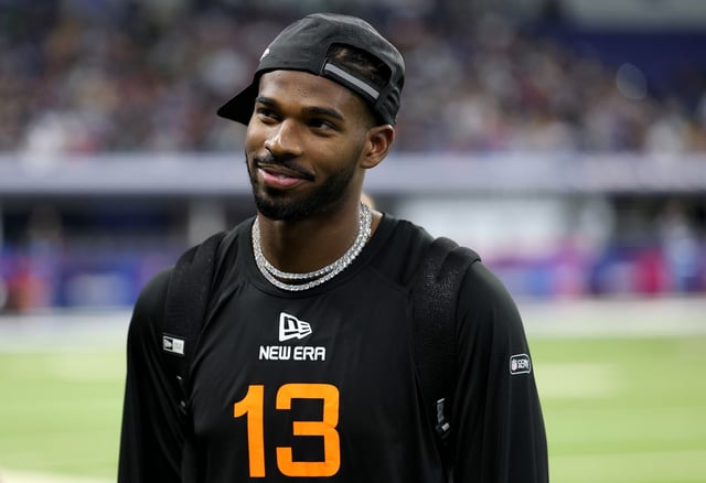 Shedeur Sanders #QB13 of Colorado looks on during the NFL Scouting Combine at Lucas Oil Stadium on March 01, 2025 in Indianapolis, Indiana.