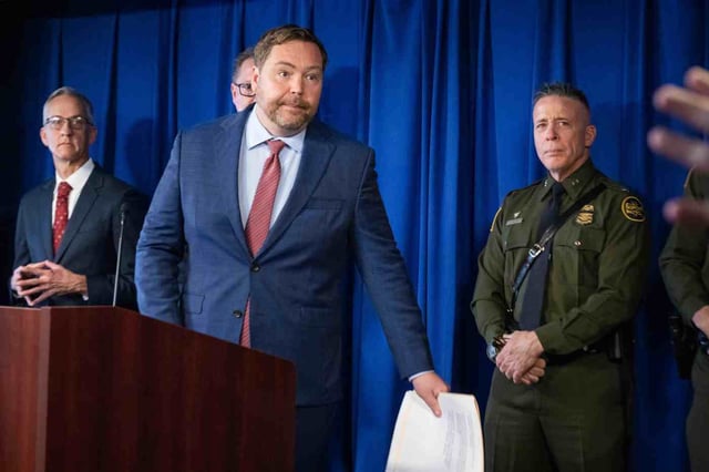 Acting United States Attorney Joe McNally, of the Central District of California, announces arrests of a transnational criminal organization that smuggled approximately 20,000 immigrants from Guatemala to the United States over five years on Monday, March 3, 2025 in Los Angeles. (Photo by Sarah Reingewirtz, Los Angeles Daily News/SCNG)