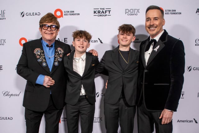 Elton John and his partner, David Furnish, with their sons Elijah Jackson Furnish and Zachary Joseph Daniel Furnish, in West Hollywood, California, on March 2, 2025. 