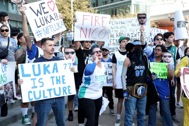 Dallas Mavericks fans prostest outside of the arena before the game against the Houston Rockets at American Airlines Center on February 08, 2025 in Dallas, Texas.