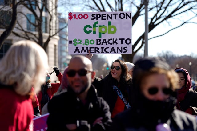 Consumer Financial Protection Bureau (CFPB) workers rally on the day of a hearing in a case on the Trump administration's mass firings of CFPB workers, outside the U.S. District Court in Washington, D.C., U.S., March 3, 2025.