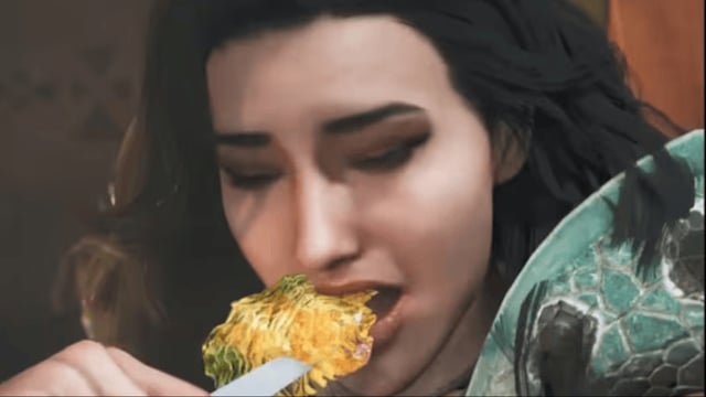 A screenshot featuring a Monster Hunter Wilds character eating.