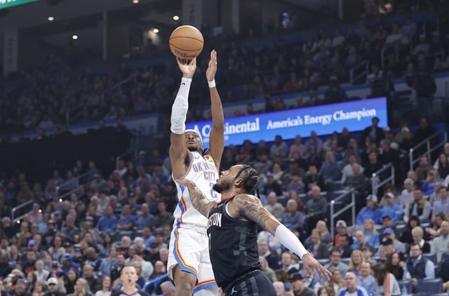 Mar 3, 2025; Oklahoma City, Oklahoma, USA; Oklahoma City Thunder guard Shai Gilgeous-Alexander (2) shoots against the Houston Rockets during the first quarter at Paycom Center. Mandatory Credit: Alonzo Adams-Imagn Images