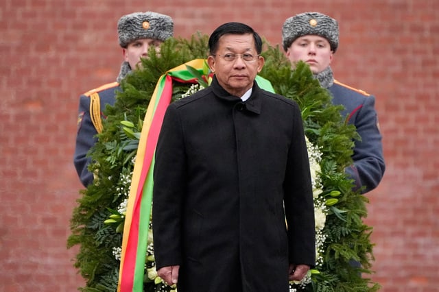 Myanmar's military chief Senior General Min Aung Hlaing attends a wreath-laying ceremony at the Tomb of the Unknown Soldier near the Kremlin Wall in central Moscow, Russia, March 4, 2025. Alexander Zemlianichenko/Pool via REUTERS