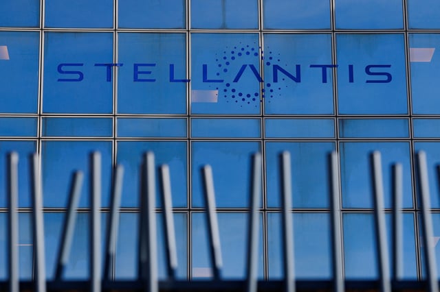 The logo of Stellantis sits on the company's building in Poissy, near Paris, France, February 26, 2025. REUTERS/Stephanie Lecocq/File Photo