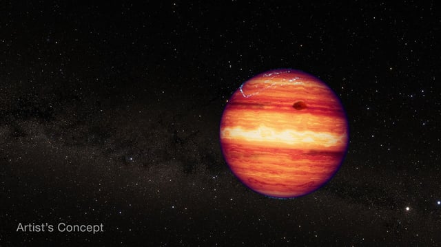 This artist’s concept shows what the isolated planetary-mass object SIMP 0136 could look like based on recent observations from NASA’s James Webb Space Telescope and previous observations from Hubble, Spitzer, and numerous ground-based telescopes. Researchers used Webb’s NIRSpec (Near-Infrared Spectrograph) and MIRI (Mid-Infrared Instrument) to measure subtle changes in the brightness of infrared light as the object completed two 2.4-hour rotations. By analyzing the change in brightness of different wavelengths over time, they were able to detect variability in cloud cover at different depths, temperature variations in the upper atmosphere, and changes in carbon chemistry as different sides of the object rotated in and out of view. This illustration is based on Webb’s spectroscopic observations. Webb has not captured a direct image of the object. image: ©NASA, ESA, CSA, and Joseph Olmsted (STScI)