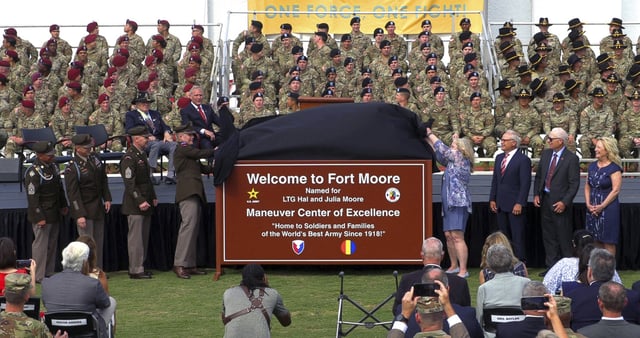 The unveiling of the new sign at Fort Moore, formerly Fort Benning, on May 11, 2023, in Georgia, after its name was changed.